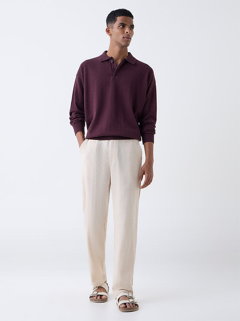 ETA Wine Knit Textured Relaxed-Fit Cotton-Blend Polo Sweater