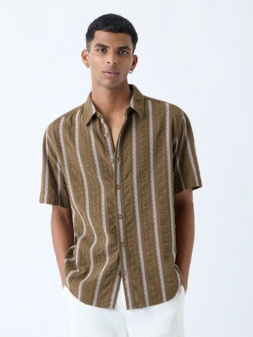 ETA Brown Stripe Relaxed-Fit Cotton-Blend Shirt