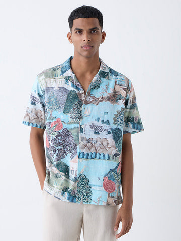 ETA Light Teal Scenic-Inspired Relaxed-Fit Cotton Shirt