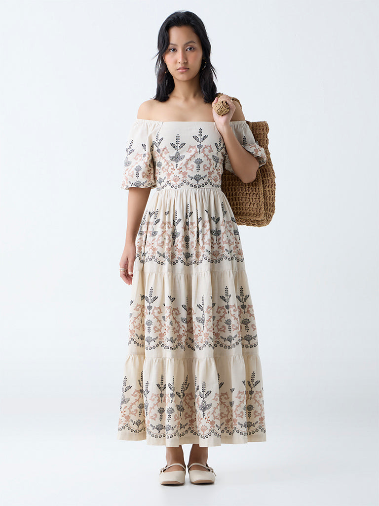 Bombay Paisley Off-White Foliage Cotton Off-Shoulder Dress