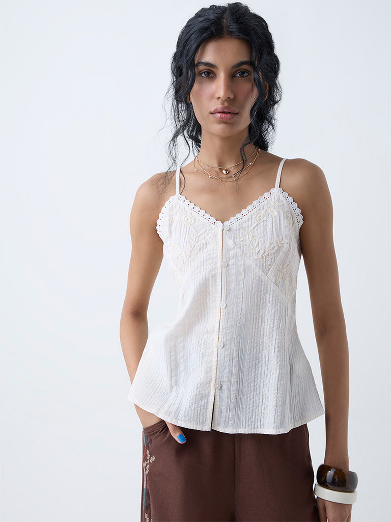 Bombay Paisley White Floral Embroidered Cotton Top