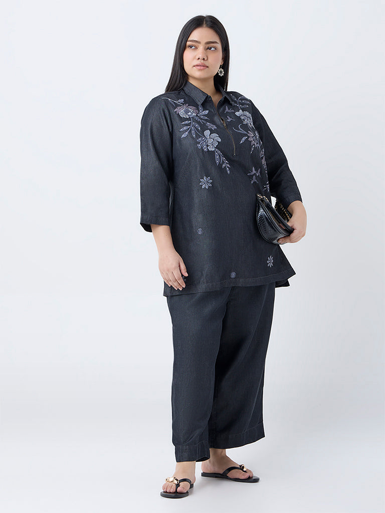 Diza Charcoal Floral Embroidered Cotton-Blend Tunic