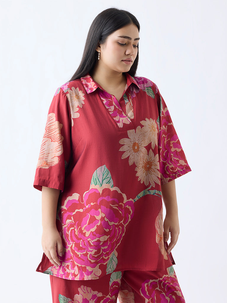 Diza Red Floral Pattern High-Low Tunic