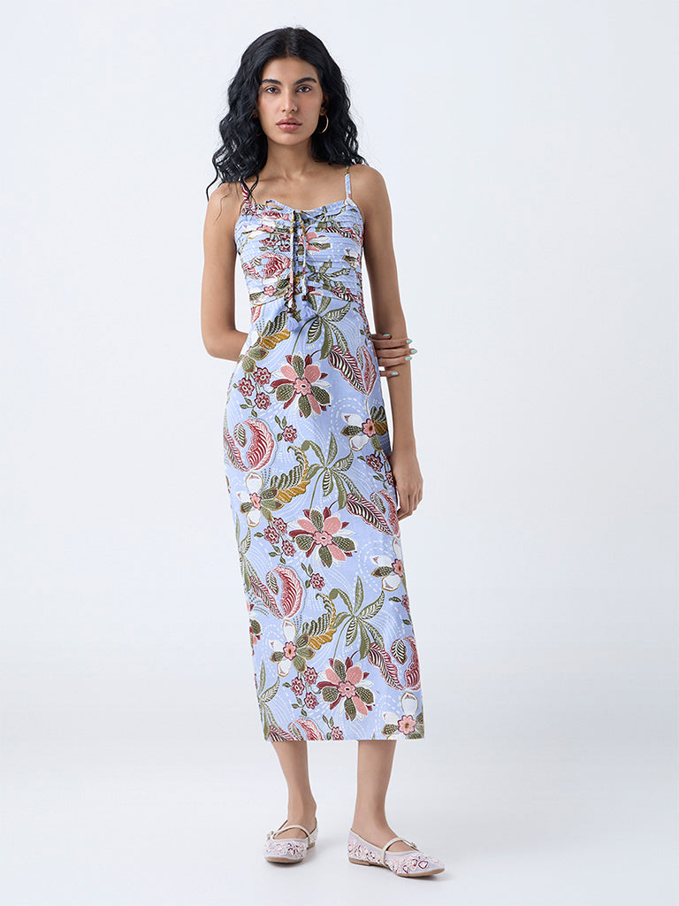 Bombay Paisley Blue Floral Pattern Cotton A-line Dress