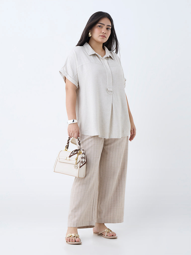 Gia Beige Pinstriped High-Rise Trousers with Belt