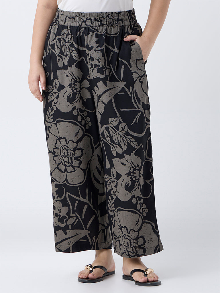 Diza Black Botanical-Printed Pants