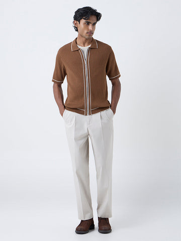 Ascot Tan Self-Striped Relaxed-Fit Cotton-Blend T-Shirt