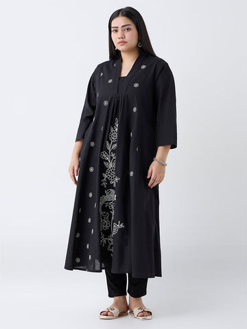 Diza Black Floral Embroidered Cotton A-Line Kurta