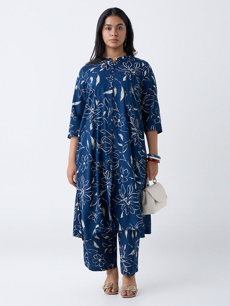 Diza Indigo Floral Design A-Line Kurta