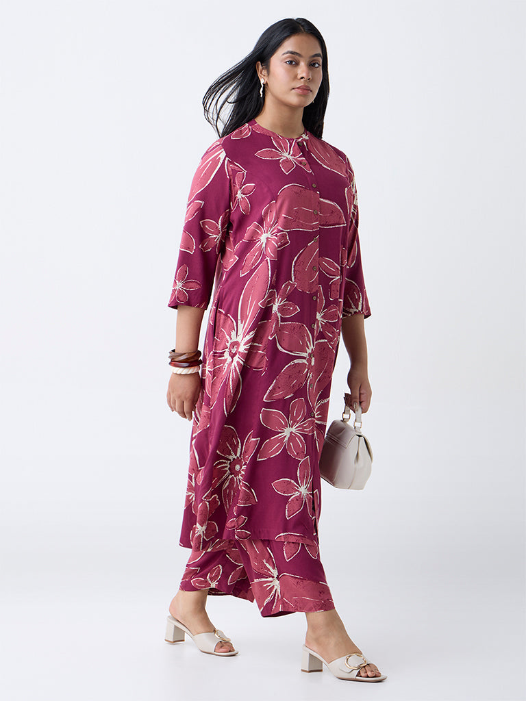 Diza Plum Floral Design A-Line Kurta