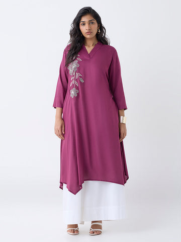 Diza Plum Floral Embroidered A-Line Kurta
