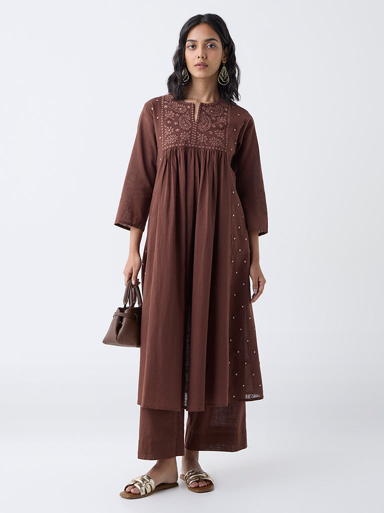 Utsa Brown Embroidered Cotton Anarkali Kurta