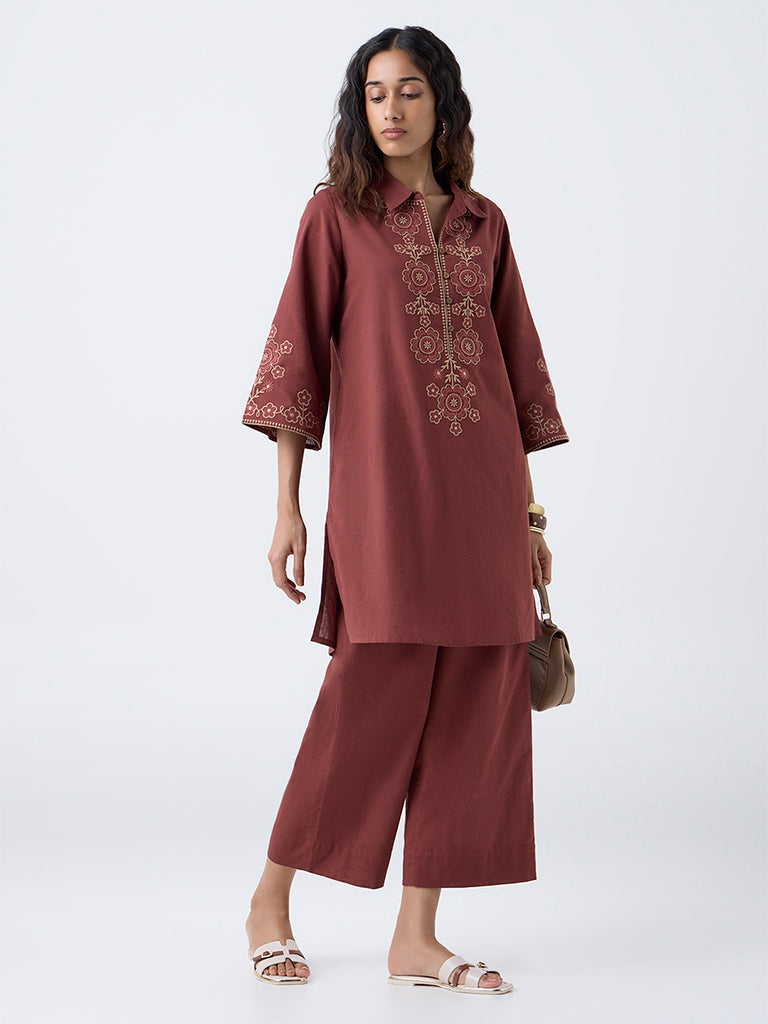 Utsa Rust Floral Embroidered Cotton-Blend A-Line Kurta