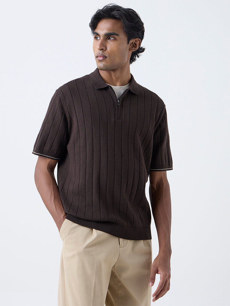 Ascot Dark Brown Relaxed-Fit Quarter-Zip Cotton-Blend Polo T-Shirt