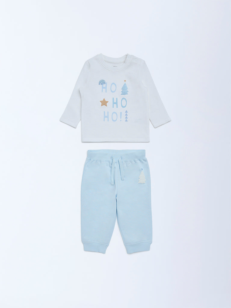 HOP Baby Blue Christmas-Themed Cotton T-Shirt and Joggers Set
