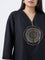 Diza Black Printed Quarter-Zip A-Line Kurta