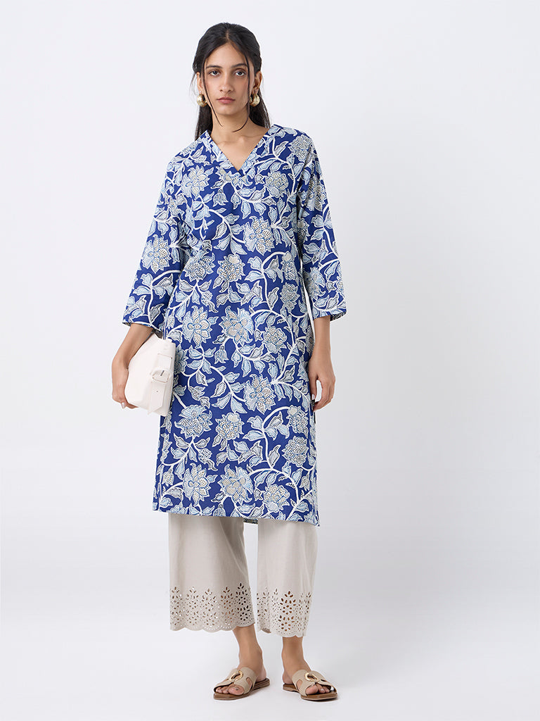 Utsa Blue Foliage Printed Cotton Straight Kurta