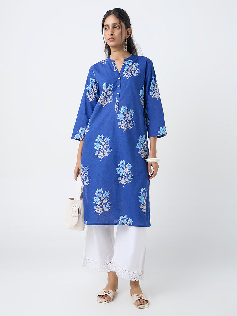 Utsa Blue Floral Pattern Cotton Straight Kurta