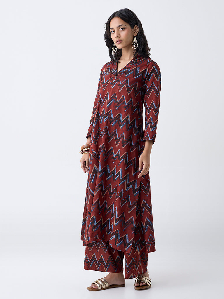 Utsa Red Chevron Pattern A-Line Kurta
