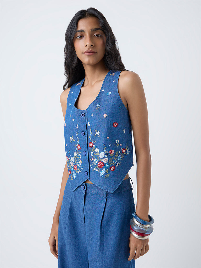 Bombay Paisley Blue Floral Embroidered Denim Waistcoat