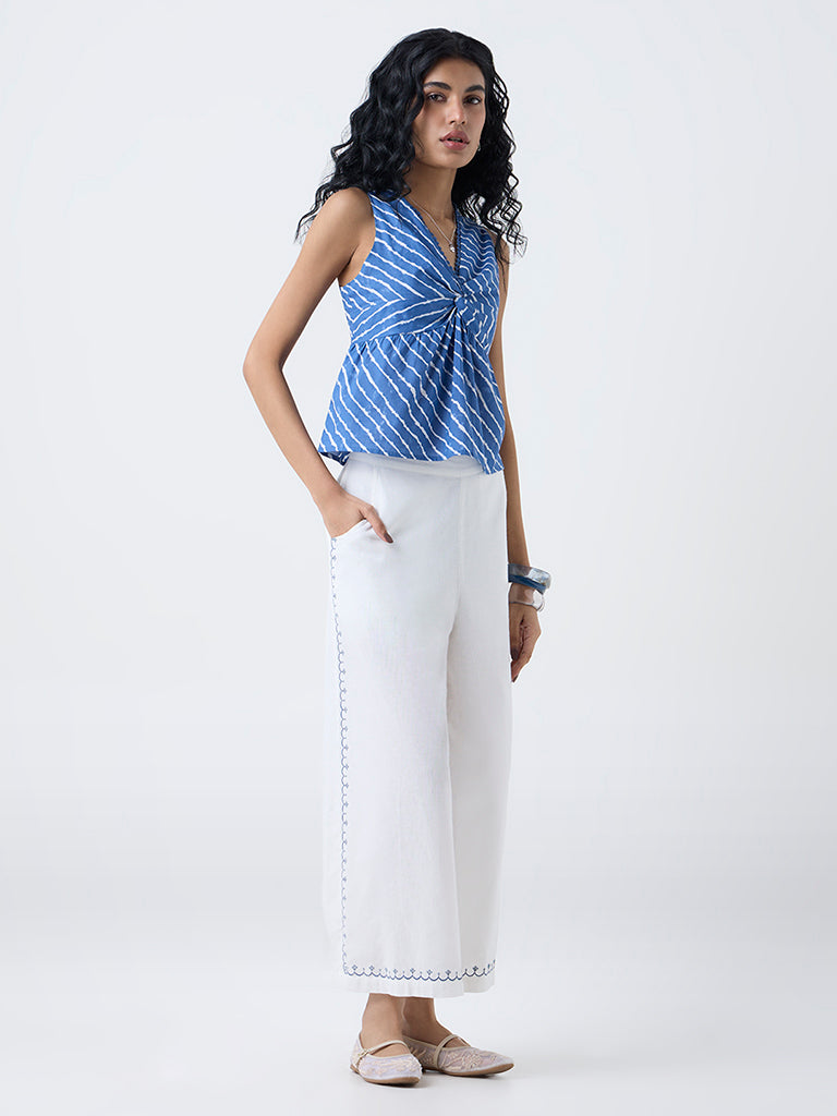 Bombay Paisley Blue Striped Ruched Cotton Top