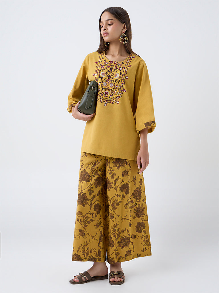 Utsa Mustard Embroidered Cotton-Blend Tunic