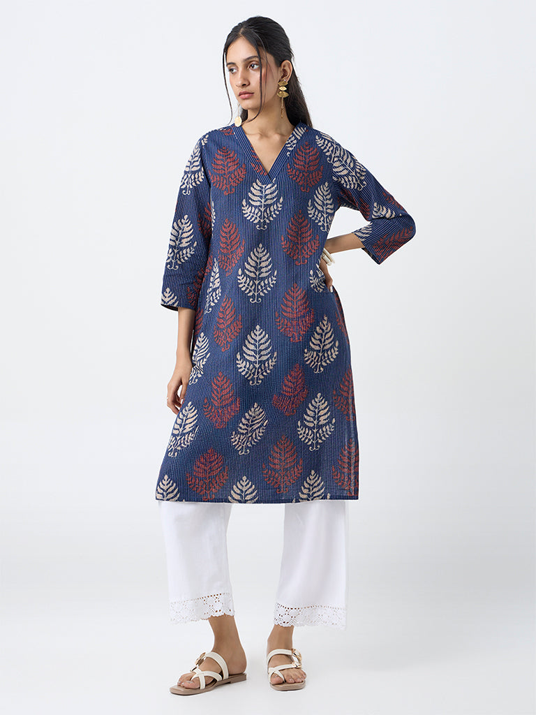 Utsa Indigo Botanical Printed Cotton-Blend Straight Kurta