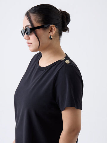 Gia Black Solid Cotton-Blend T-Shirt