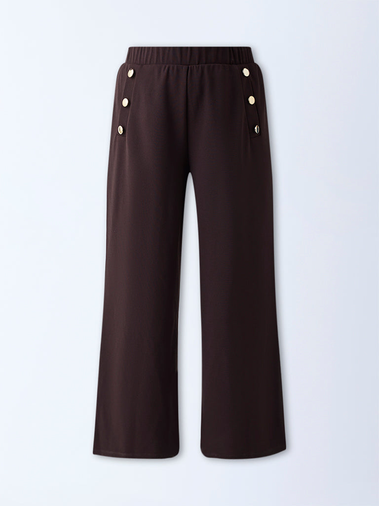 Gia Dark Brown Solid High-Rise Trousers