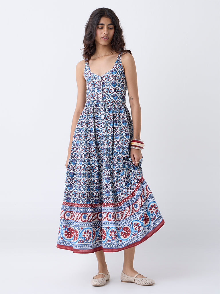 Bombay Paisley Blue Floral Cotton Tiered Dress