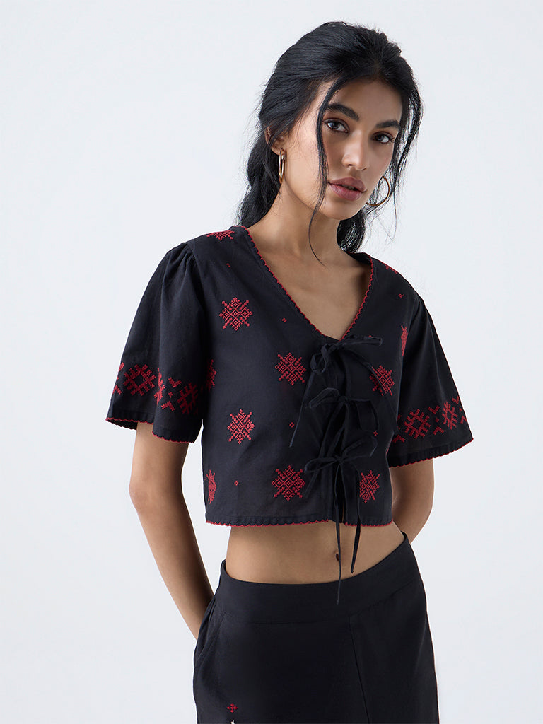 Bombay Paisley Black Embroidered Cotton Top
