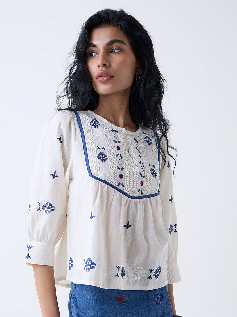 Bombay Paisley Off-White Embroidered Cotton Top