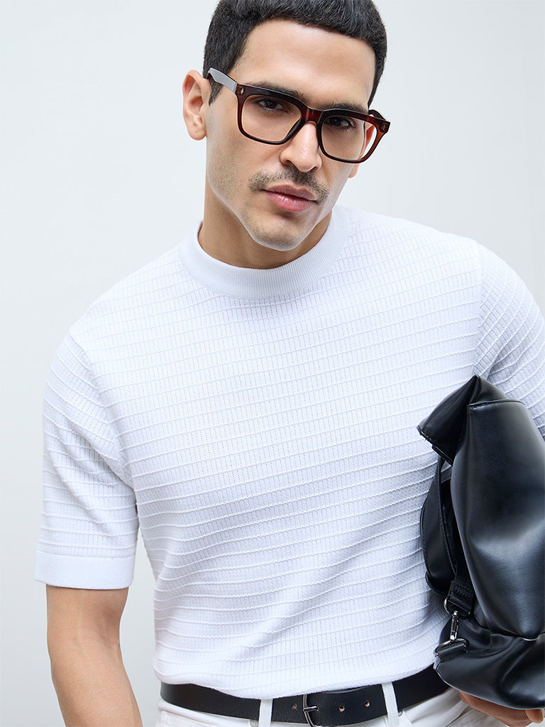 Ascot White Textured Relaxed-Fit Cotton T-Shirt