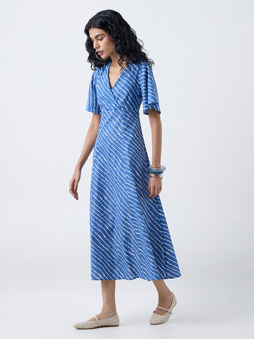 Bombay Paisley Blue Striped Cotton A-Line Dress