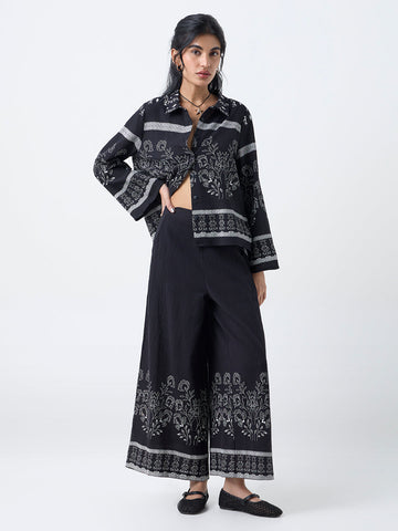 Bombay Paisley Black Floral Design Cotton Palazzos