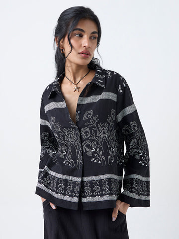 Bombay Paisley Black Floral Pattern Cotton Shirt