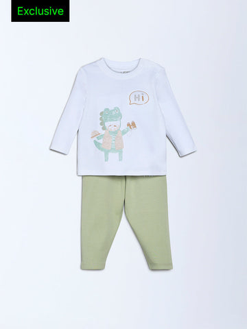 HOP Baby Multicolour Dinosaur-Themed Cotton T-Shirt and Pants Set - Exclusive
