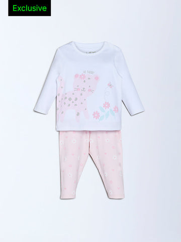 HOP Baby Light Pink Cat Printed Cotton T-Shirt and Pants Set - Exclusive
