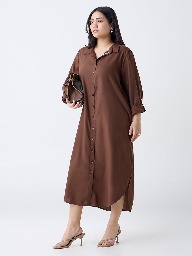 Gia Dark Brown Solid Shirt Dress