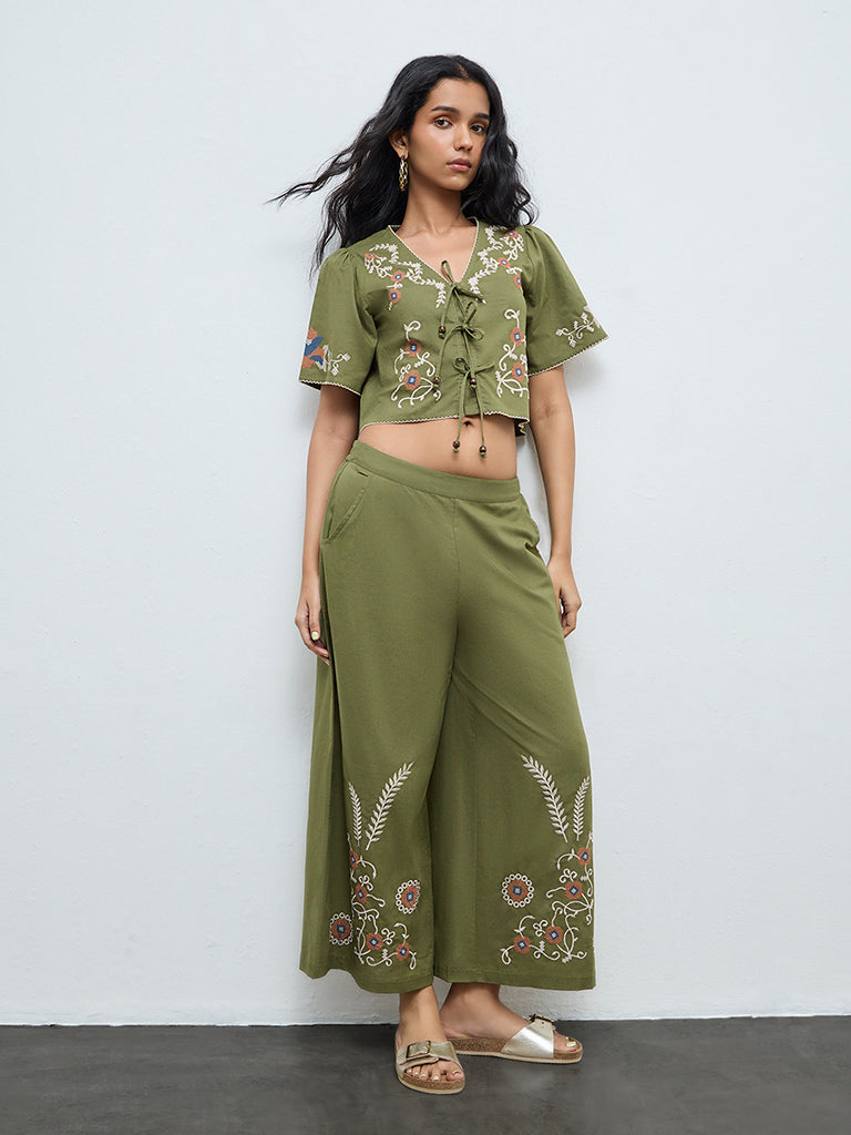 Bombay Paisley Green Embroidered Cotton-Blend Palazzos