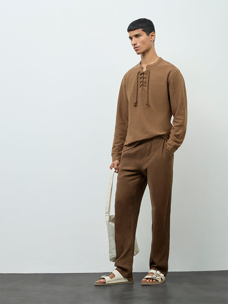 ETA Brown Criss-Cross Relaxed-Fit Cotton-Blend T-Shirt