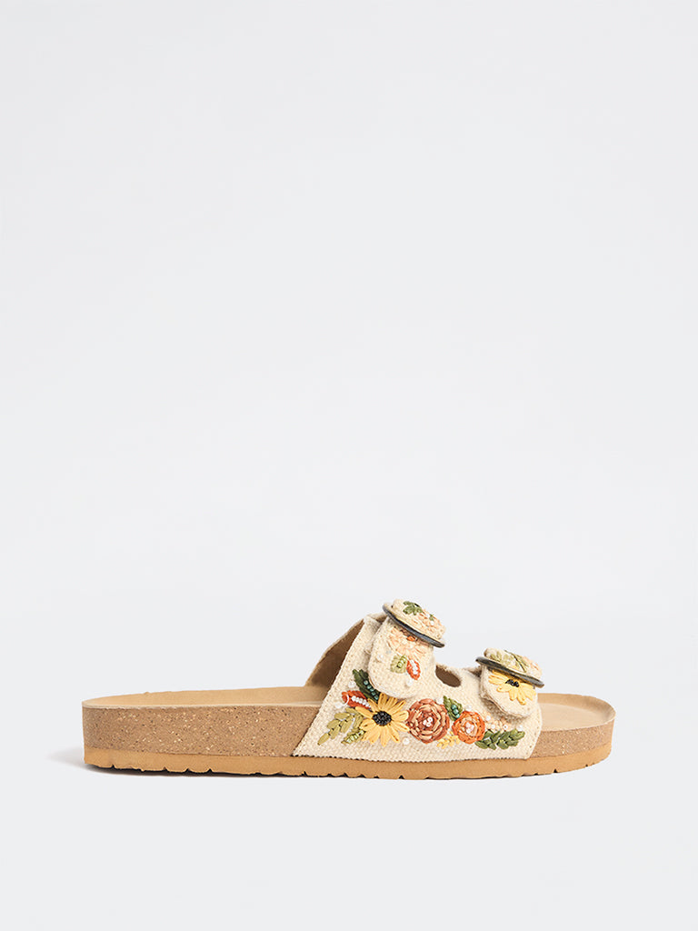 LUNA BLU Yellow Floral Embroidered Slip-On Sandals