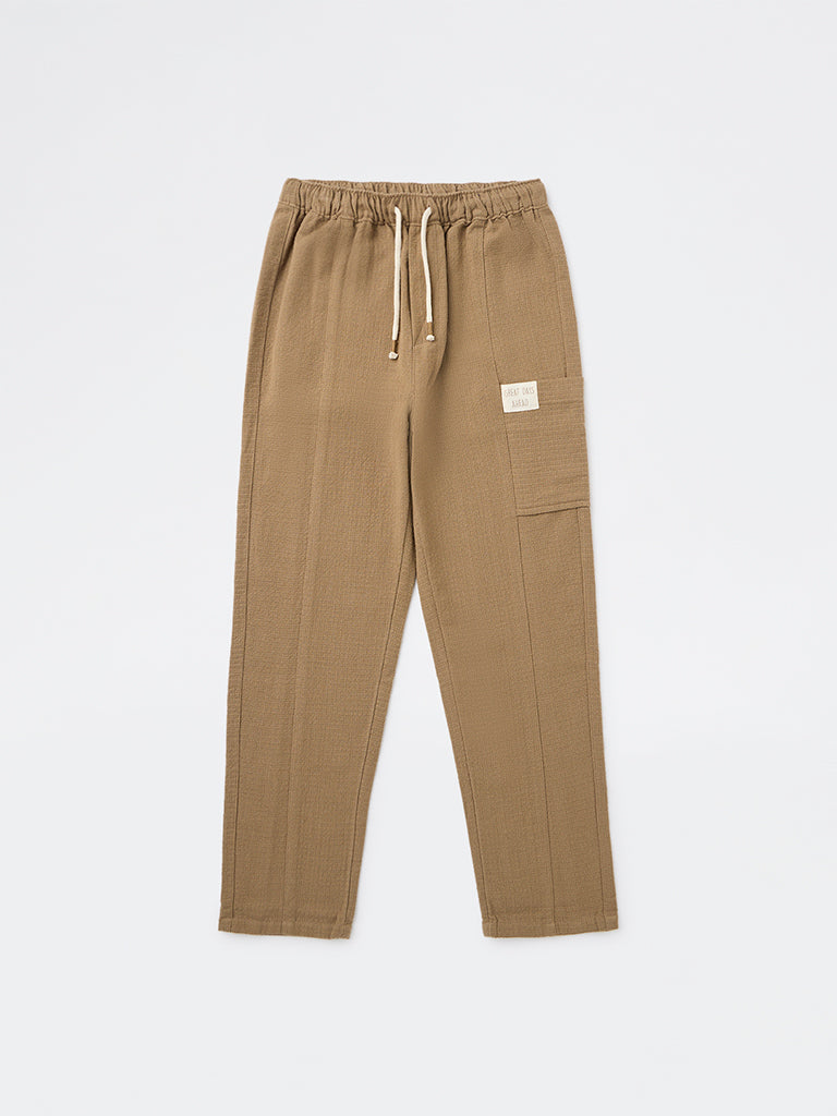 HOP Kids Boys Taupe Textured Mid-Rise Cotton Trousers
