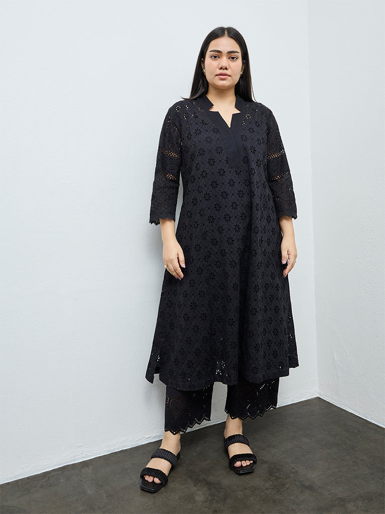 Diza Black Schiffli Embroidered A-Line Cotton Kurta