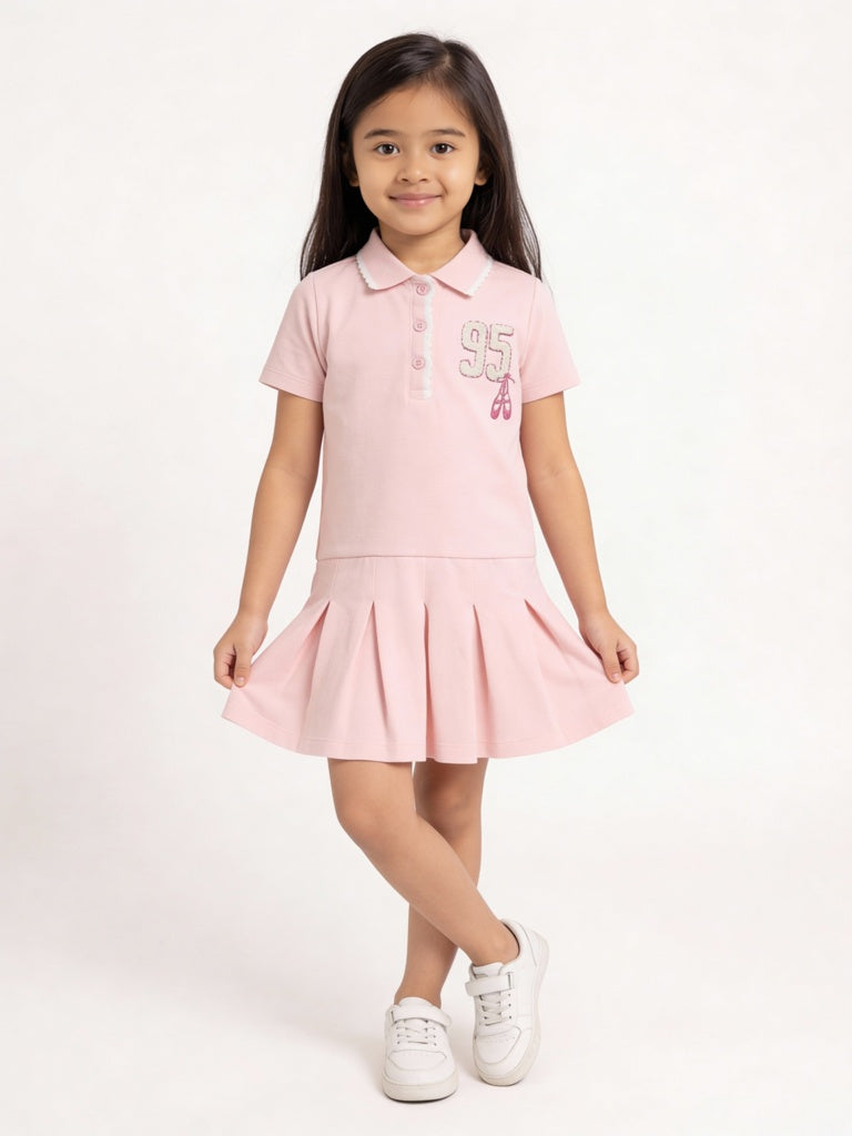 HOP Kids Girls Pink Embroidered Cotton Polo Dress
