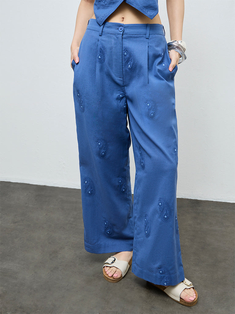Bombay Paisley Blue Embroidered Cotton-Blend Palazzos