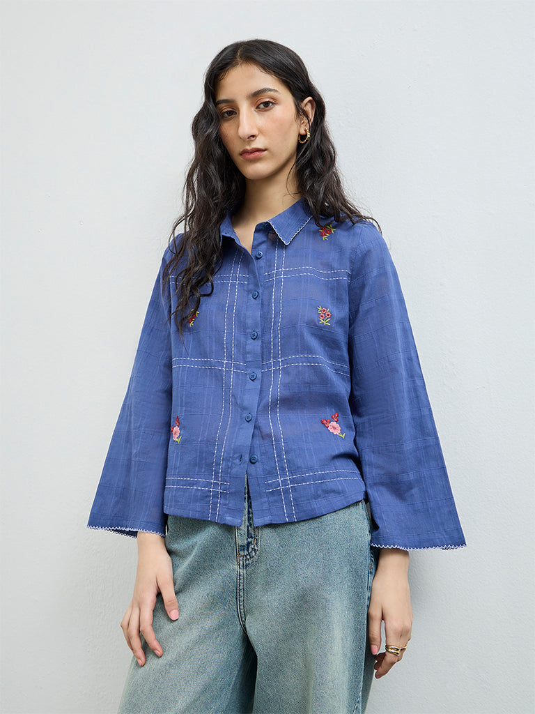 Bombay Paisley Blue Floral Embroidered Cotton Shirt