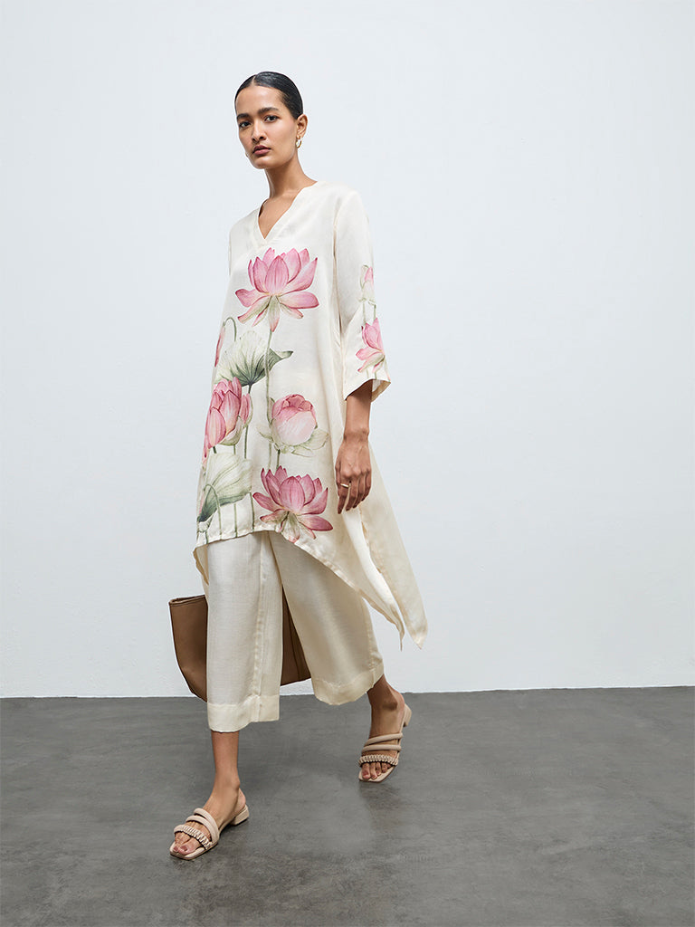 Zuba Off-White Floral Printed A-Line Kurta