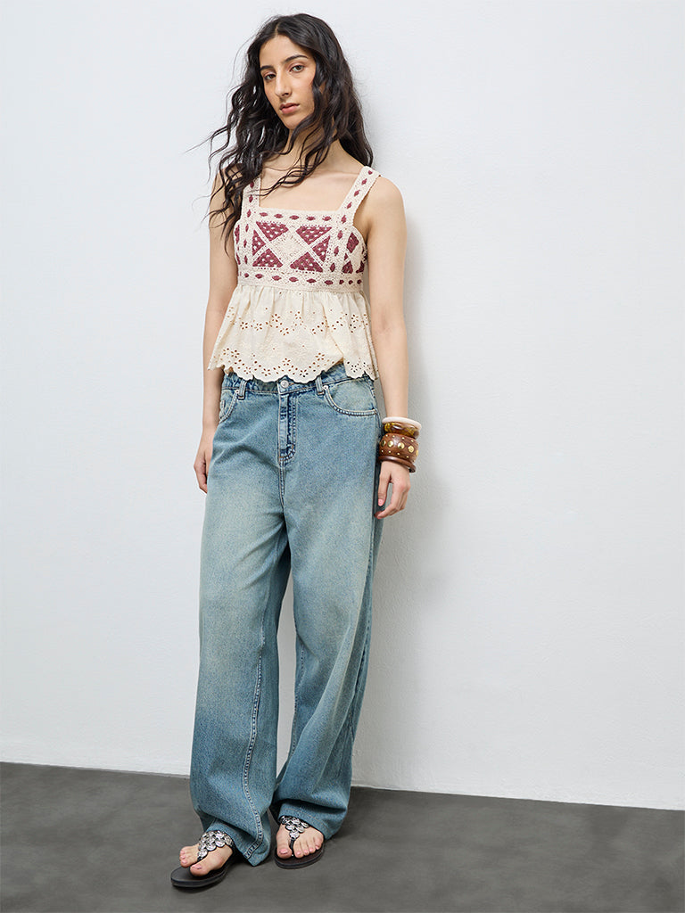 Bombay Paisley Off-White Crochet Knit Cotton Top