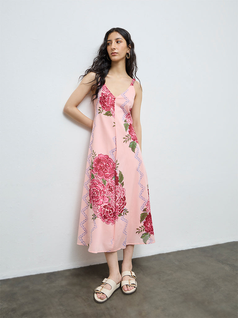 Bombay Paisley Peach Floral Cotton A-Line Dress